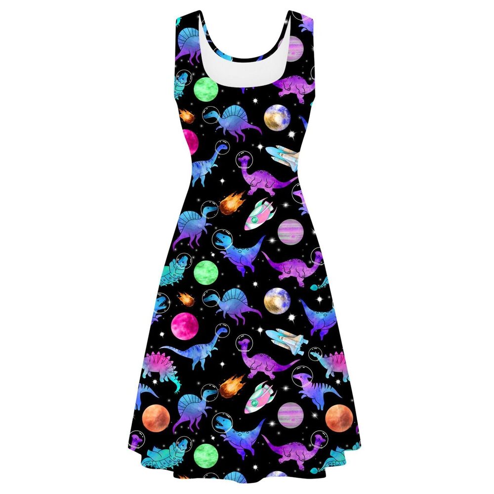 4213 Neon Dinosaur Dress Sleeveless Scoop Neck Slim Fit Summer Midi Dress
